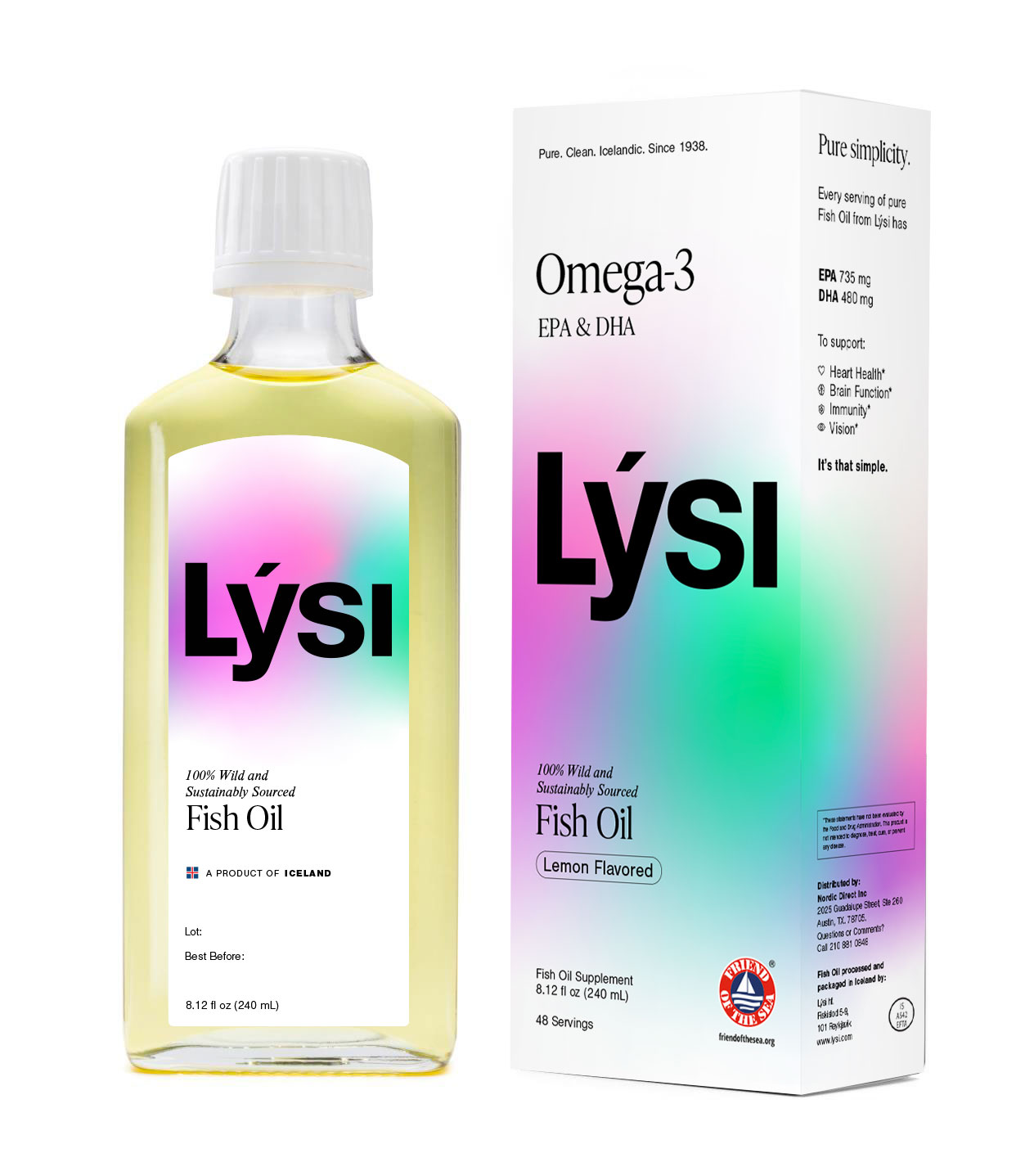 Lýsi fish oil bottle and packaging on a white background