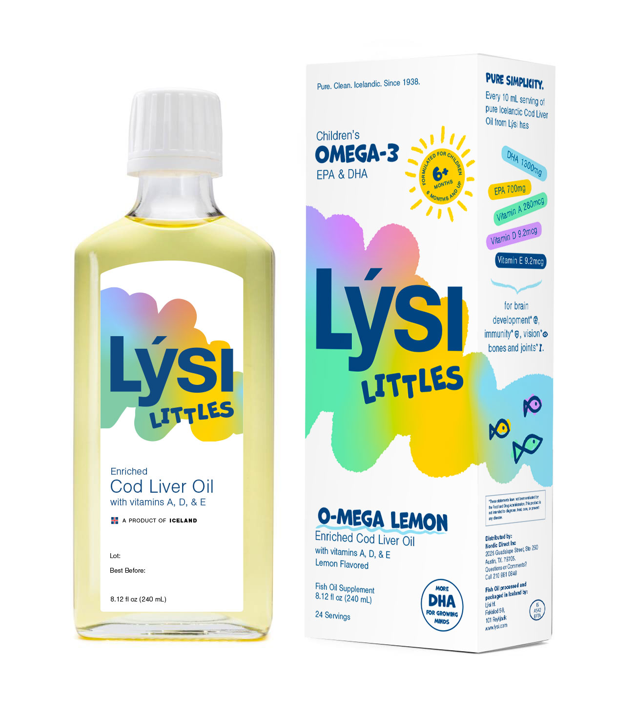 Lýsi Littles Omega-3 supplement bottle and packaging on a white background