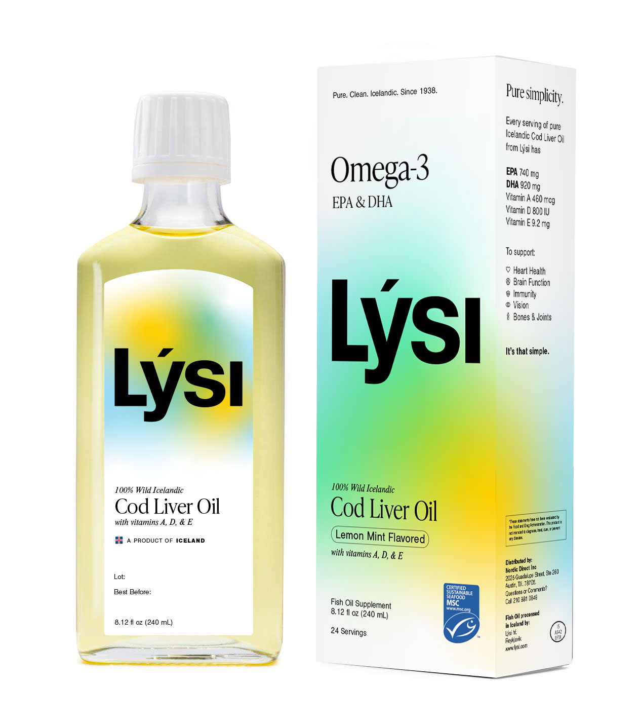 Lýsi cod liver oil bottle and packaging on a white background